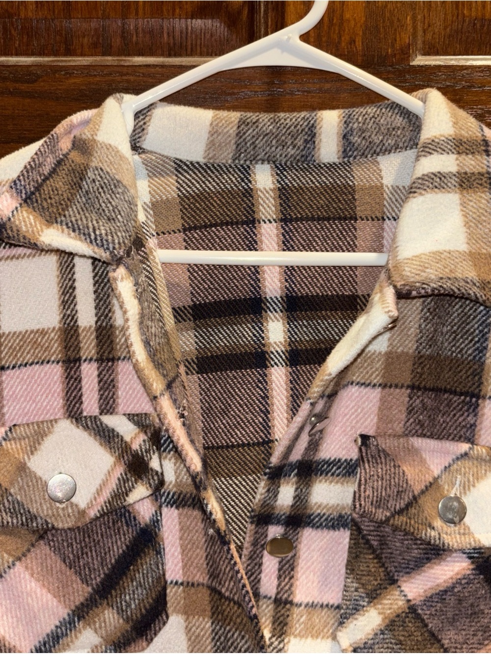 Pink and Brown Plaid Snap-Front Shacket